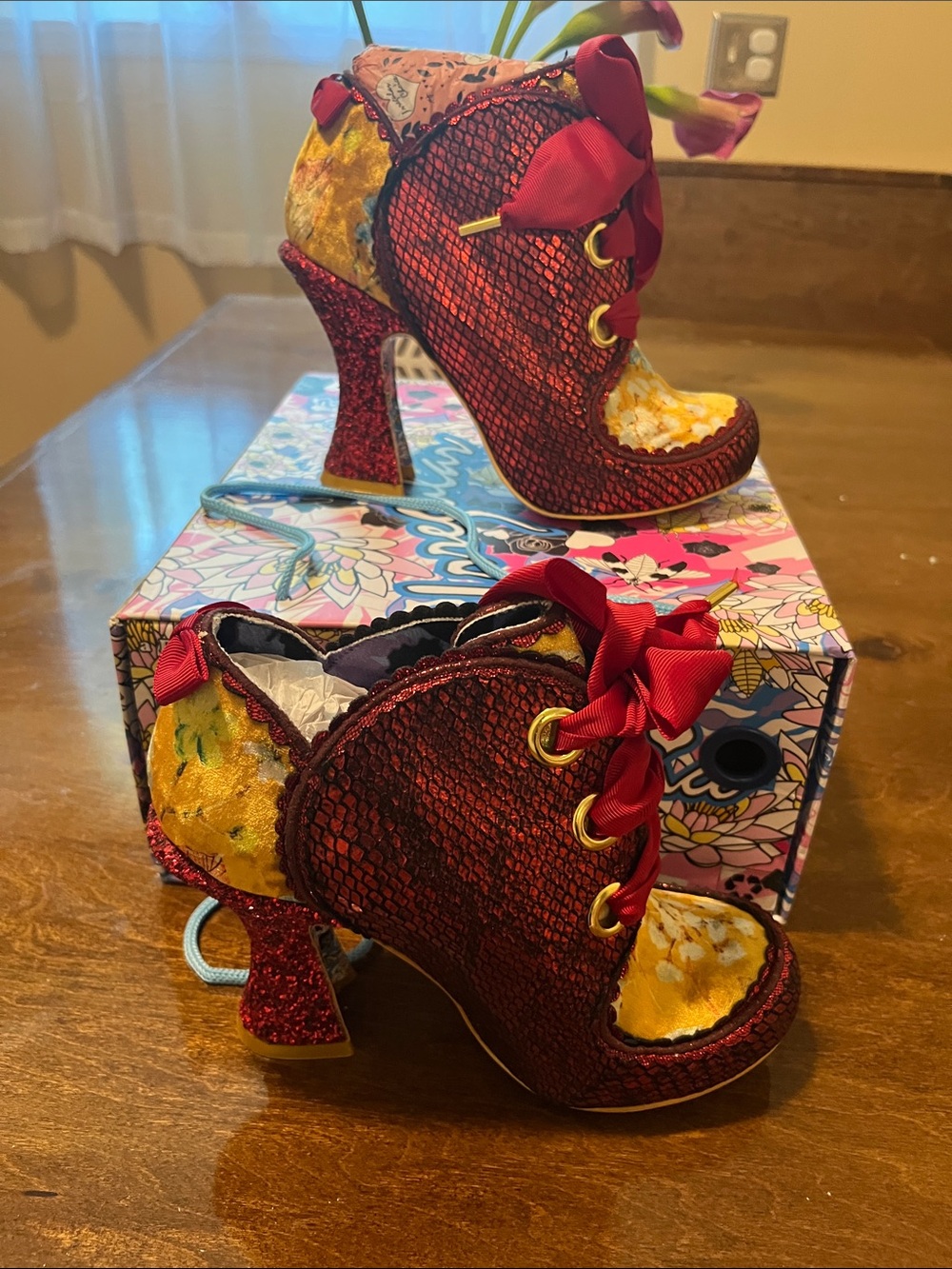 Irregular Choice Red Floral Velvet Lace-Up Booties - Picture 6 of 8